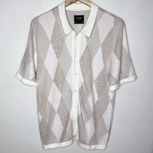 Abercrombie and Fitch Argyle Collared Short Sleeve Polo Sweater Men's Medium Tan